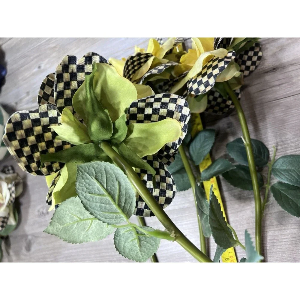 MACKENZIE-CHILDS Courtly Check ROSE FLOWER Stem Pick ALL YELLOW Set of 4